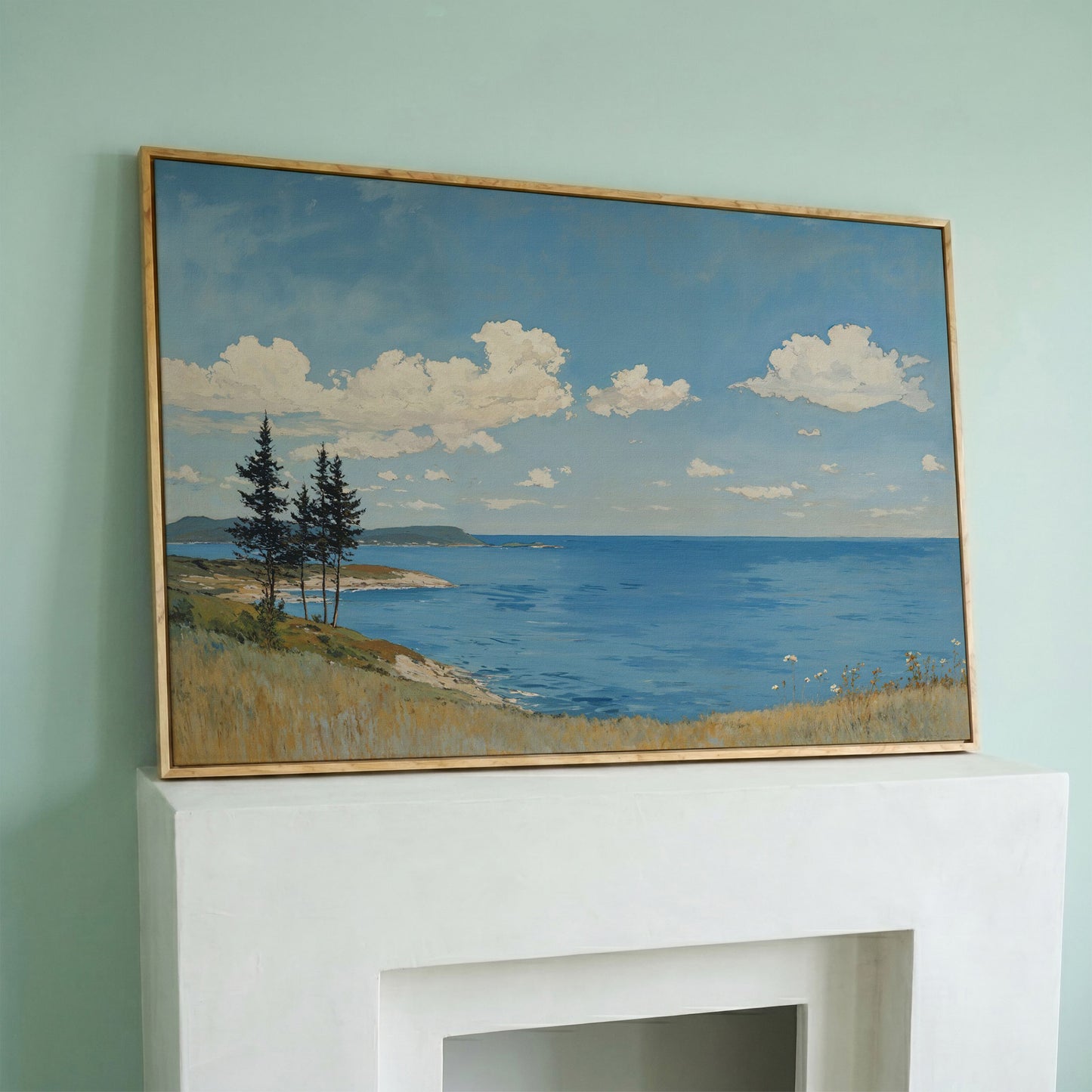 Coastal Shoreline Canvas with Dunes and Open Ocean in white oak floating frame