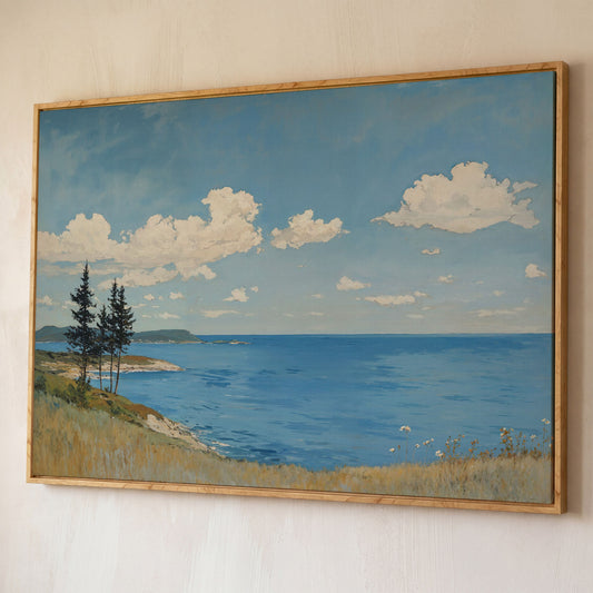 Coastal Shoreline Canvas with Dunes and Open Ocean shown in white oak floating frame