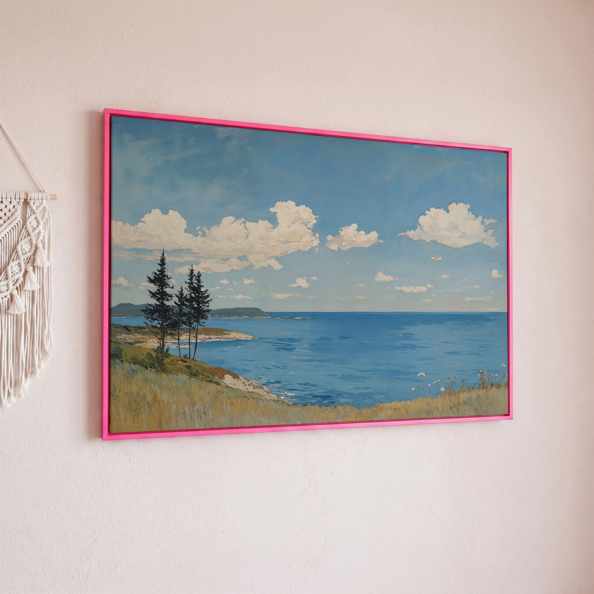 Coastal Shoreline Canvas with Dunes and Open Ocean in pink floating frame