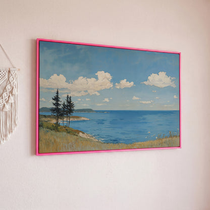 Coastal Shoreline Canvas with Dunes and Open Ocean in pink floating frame