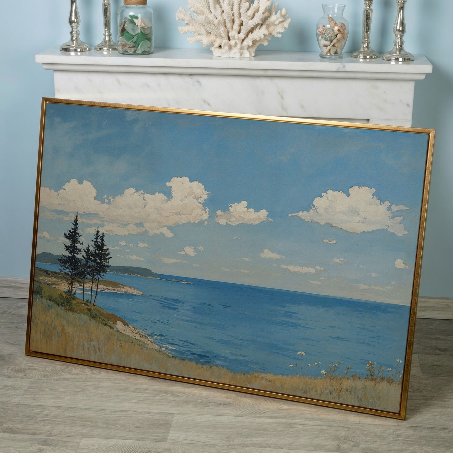 Coastal Shoreline Canvas with Dunes and Open Ocean in rose gold floating frame