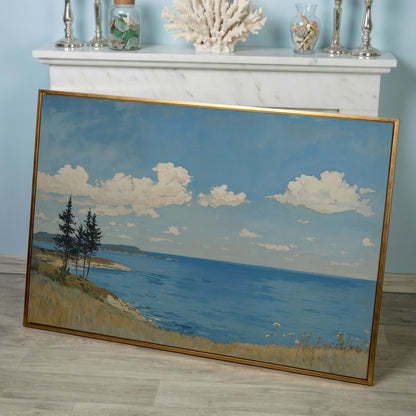 Coastal Shoreline Canvas with Dunes and Open Ocean in rose gold floating frame