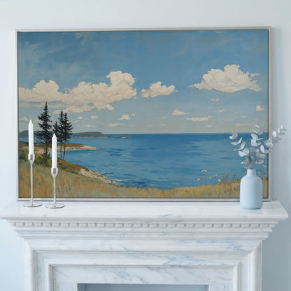 Coastal Shoreline Canvas with Dunes and Open Ocean in silver floating frame