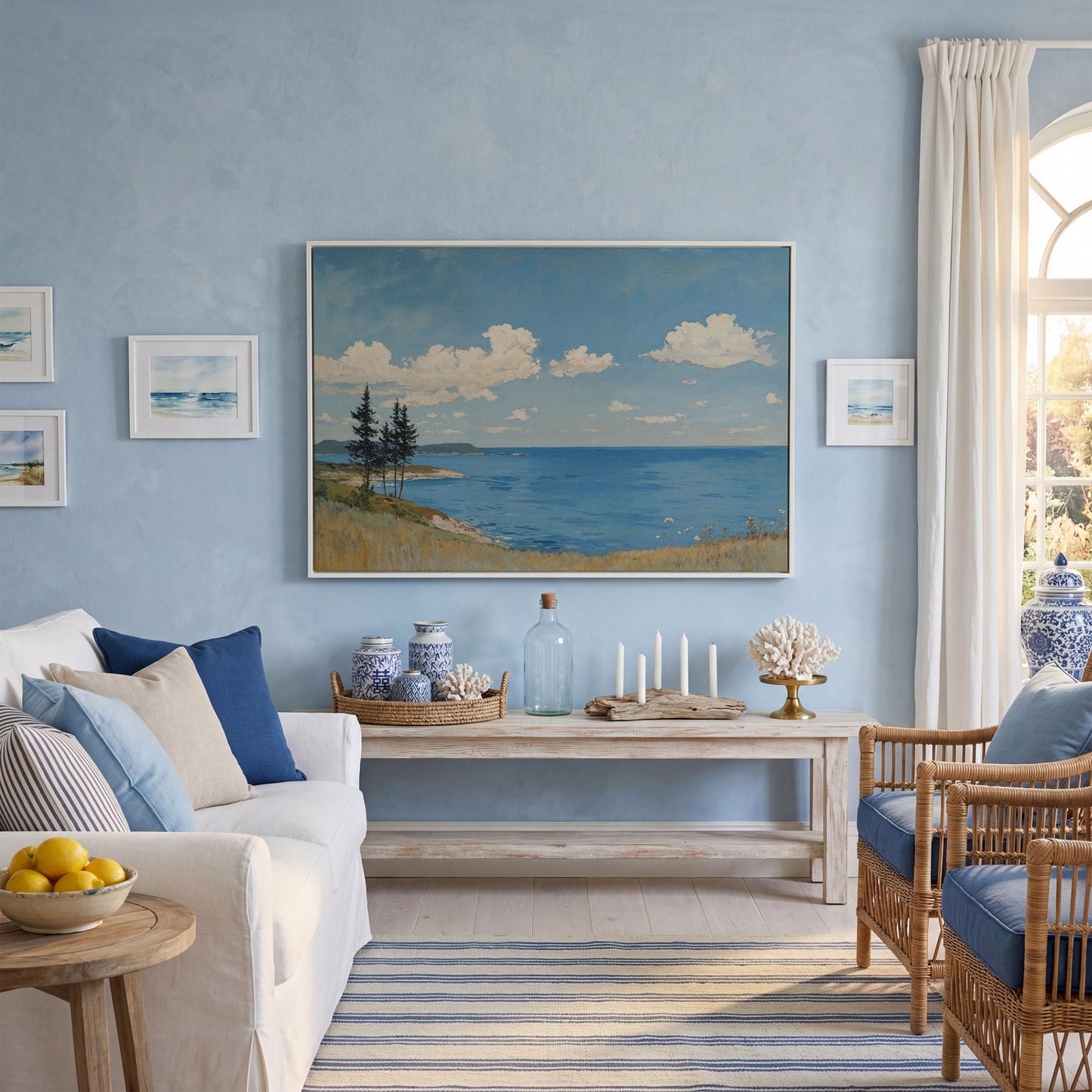 Coastal Shoreline Canvas with Dunes and Open Ocean in white floating frame