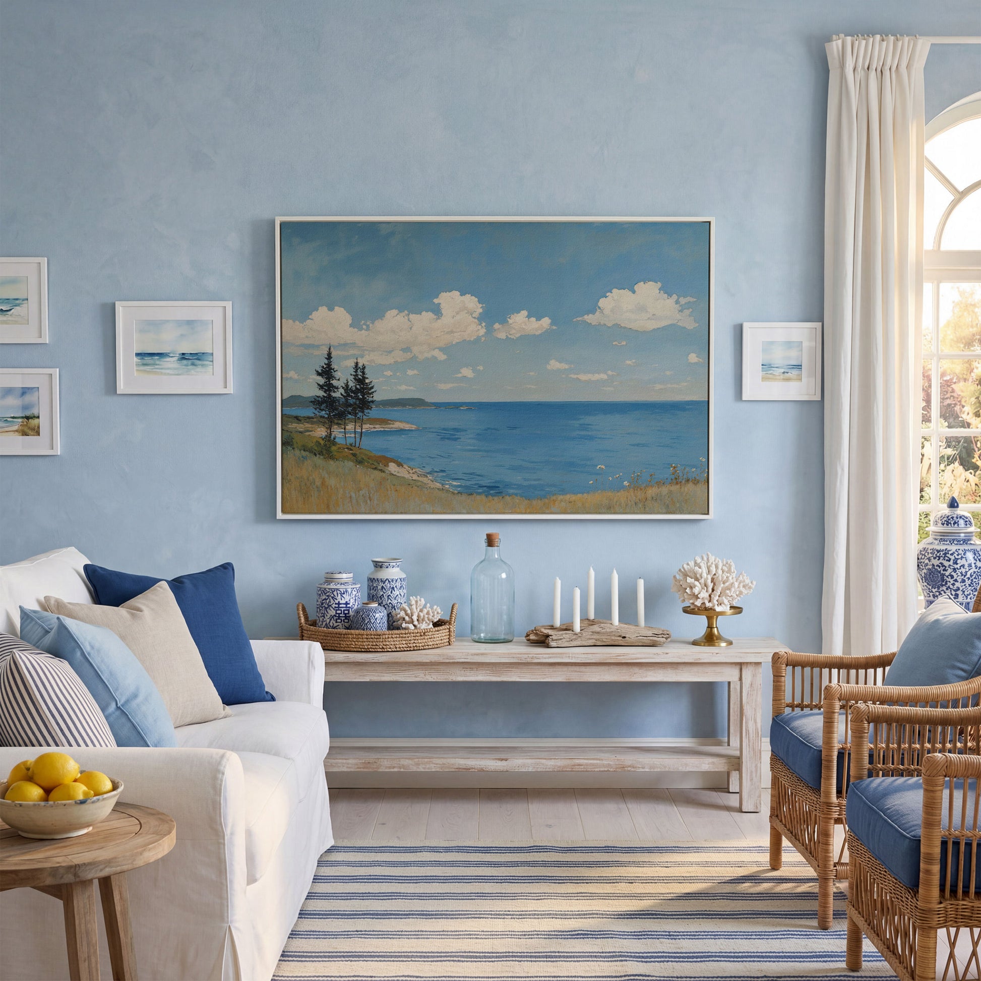 Coastal Shoreline Canvas with Dunes and Open Ocean in white floating frame