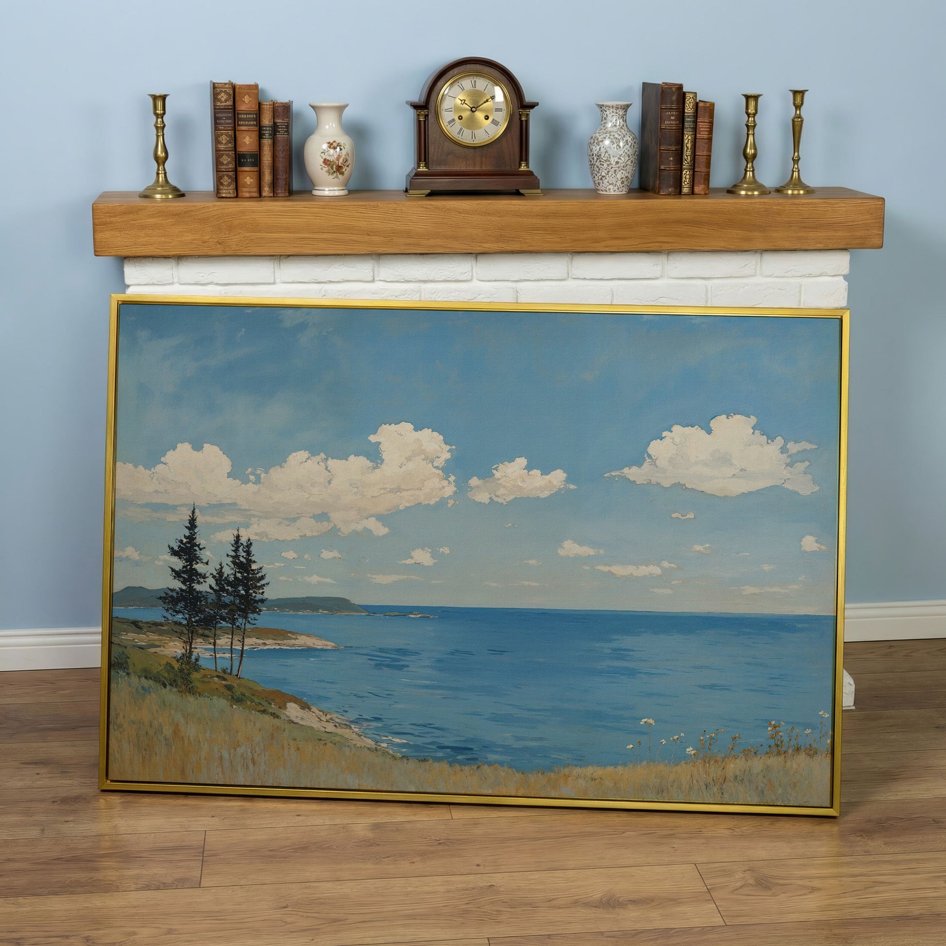 Coastal Shoreline Canvas with Dunes and Open Ocean in yellow gold floating frame