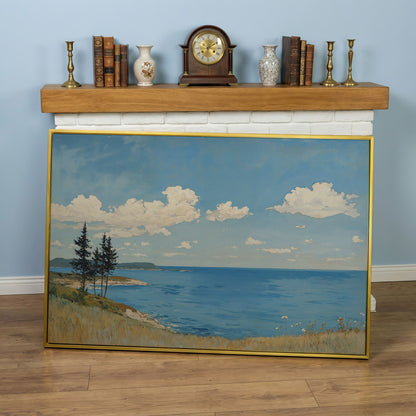 Coastal Shoreline Canvas with Dunes and Open Ocean in yellow gold floating frame