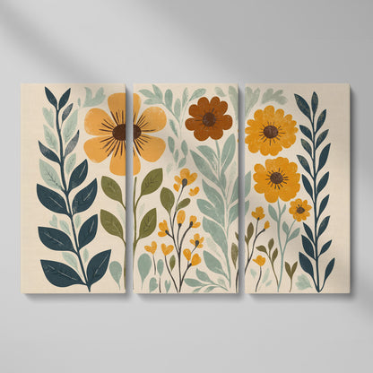 Boho Floral Elegance Canvas Print in Mustard and Slate as 3-panel split version
