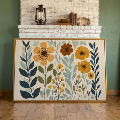 Boho Floral Elegance Canvas Print in Mustard and Slate in antique gold floating frame
