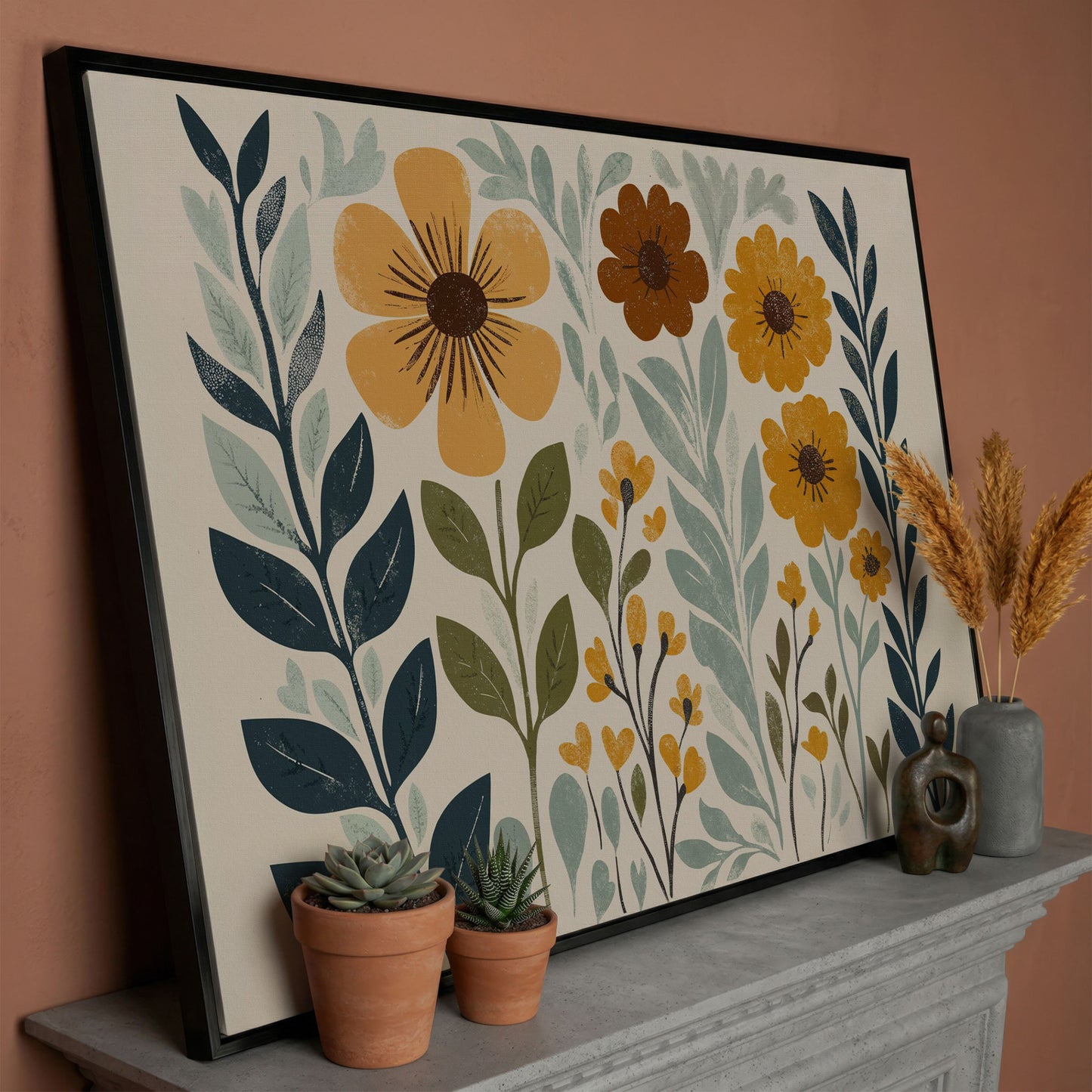 Boho Floral Elegance Canvas Print in Mustard and Slate in black floating frame