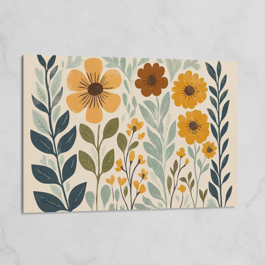 Boho Floral Elegance Canvas Print in Mustard and Slate on gallery wrap