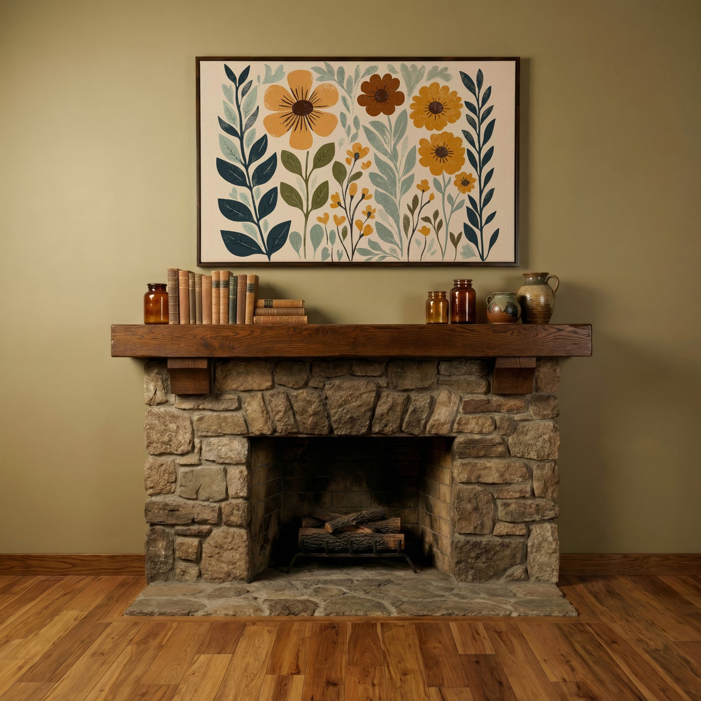 Boho Floral Elegance Canvas Print in Mustard and Slate in dark walnut floating frame