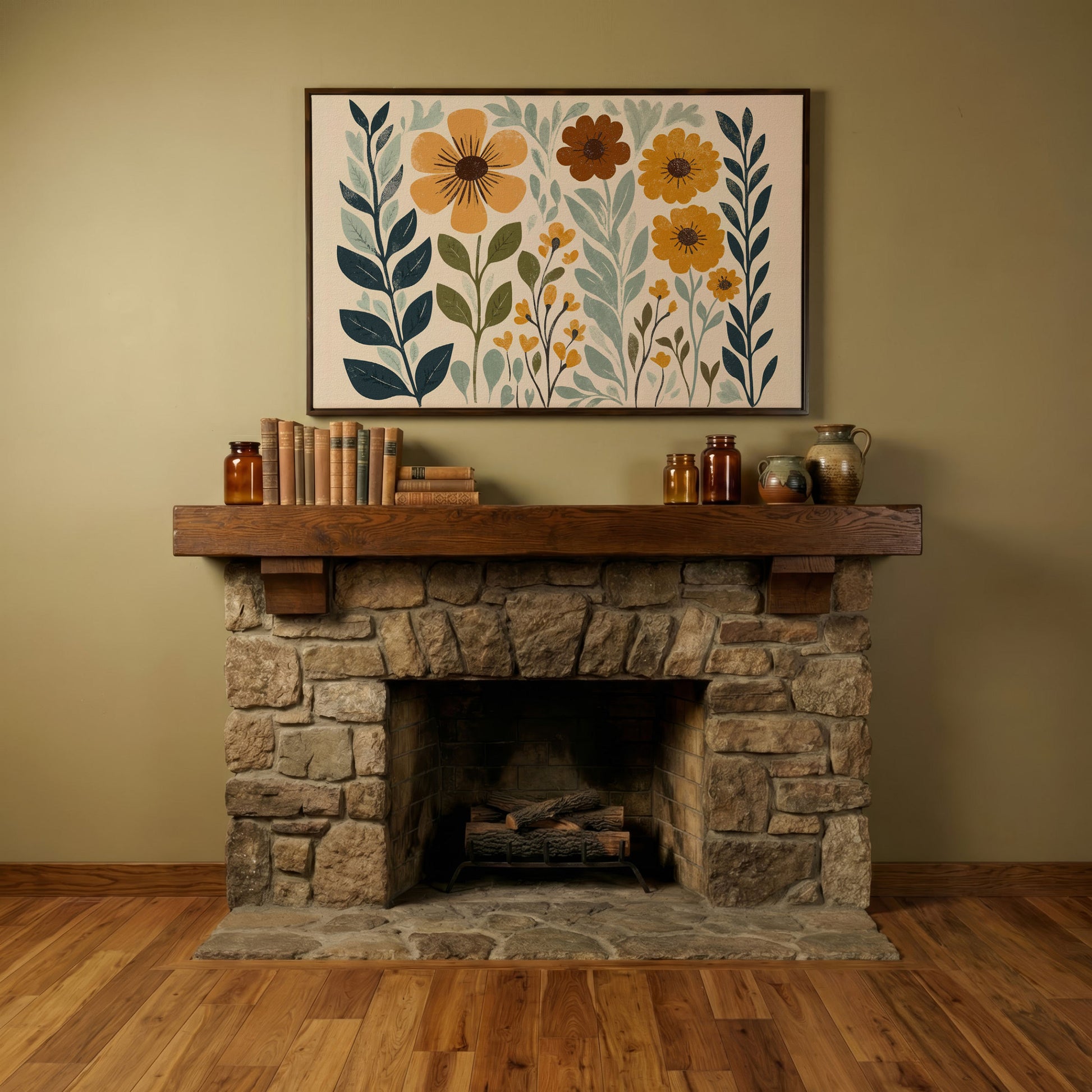 Boho Floral Elegance Canvas Print in Mustard and Slate in dark walnut floating frame