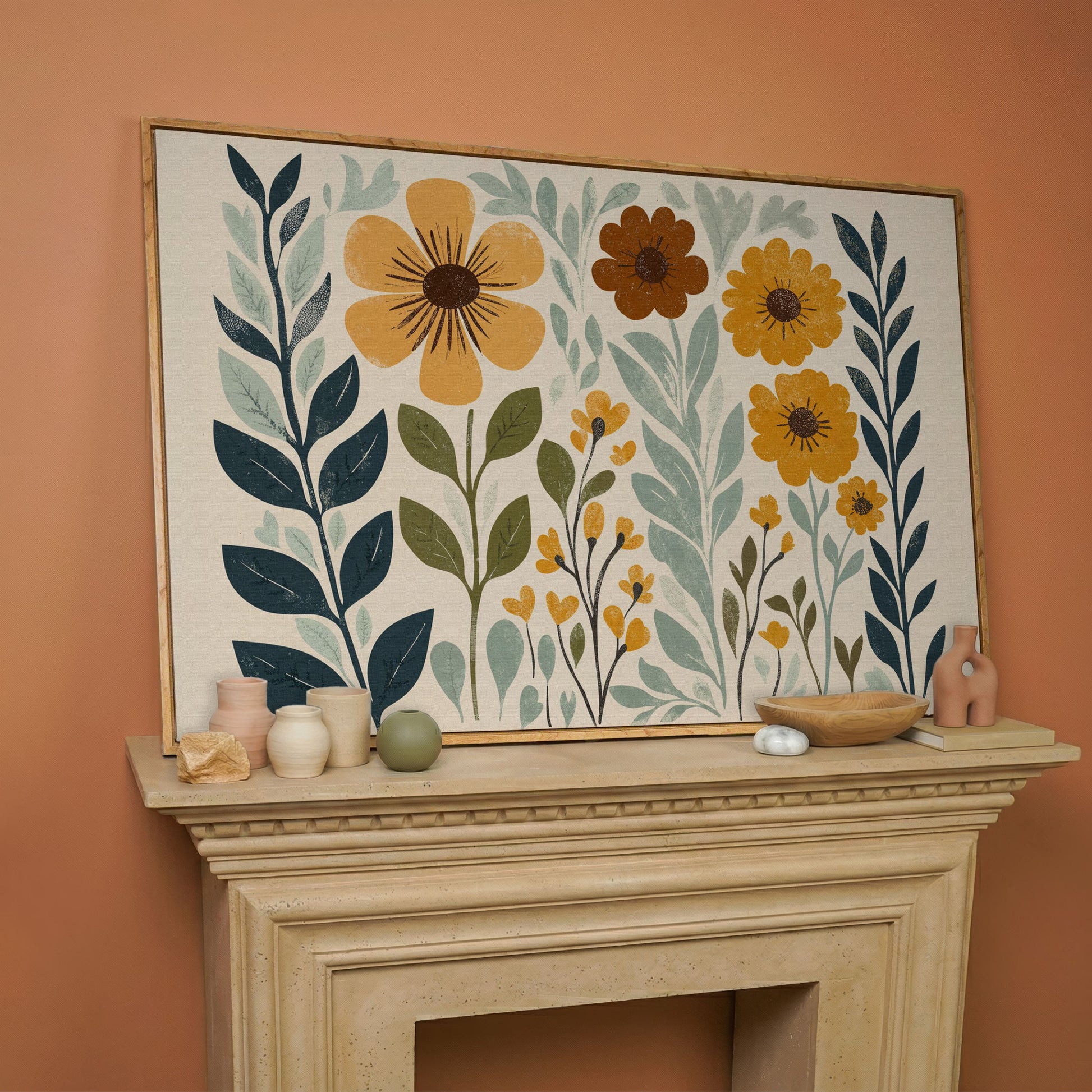 Boho Floral Elegance Canvas Print in Mustard and Slate in white oak floating frame