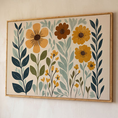 Boho Floral Elegance Canvas Print in Mustard and Slate shown in white oak floating frame