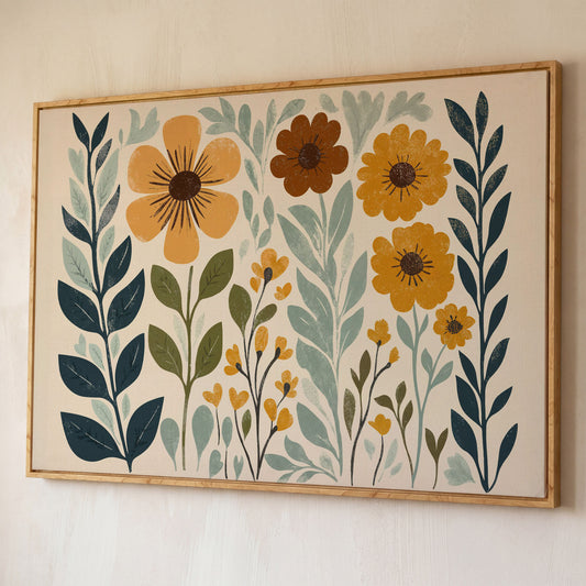 Boho Floral Elegance Canvas Print in Mustard and Slate shown in white oak floating frame