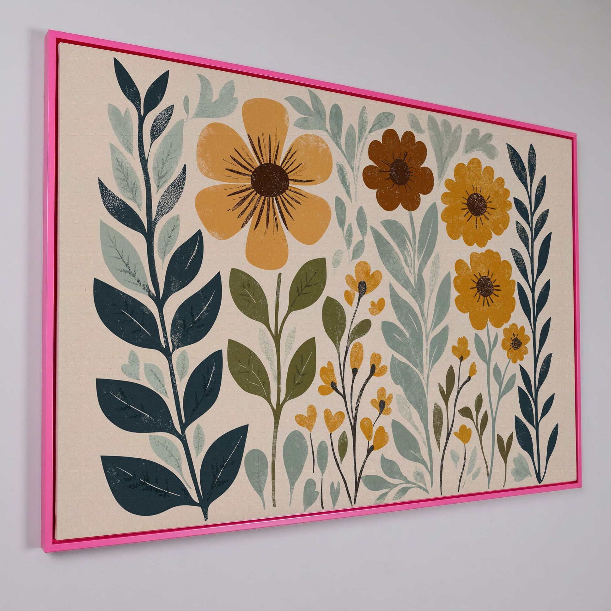 Boho Floral Elegance Canvas Print in Mustard and Slate in pink floating frame