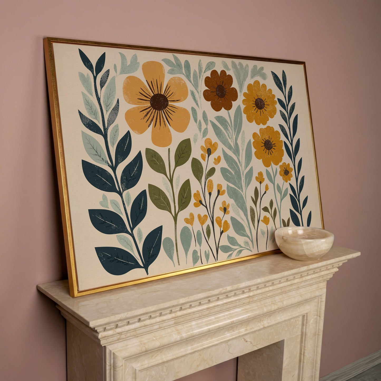 Boho Floral Elegance Canvas Print in Mustard and Slate in rose gold floating frame
