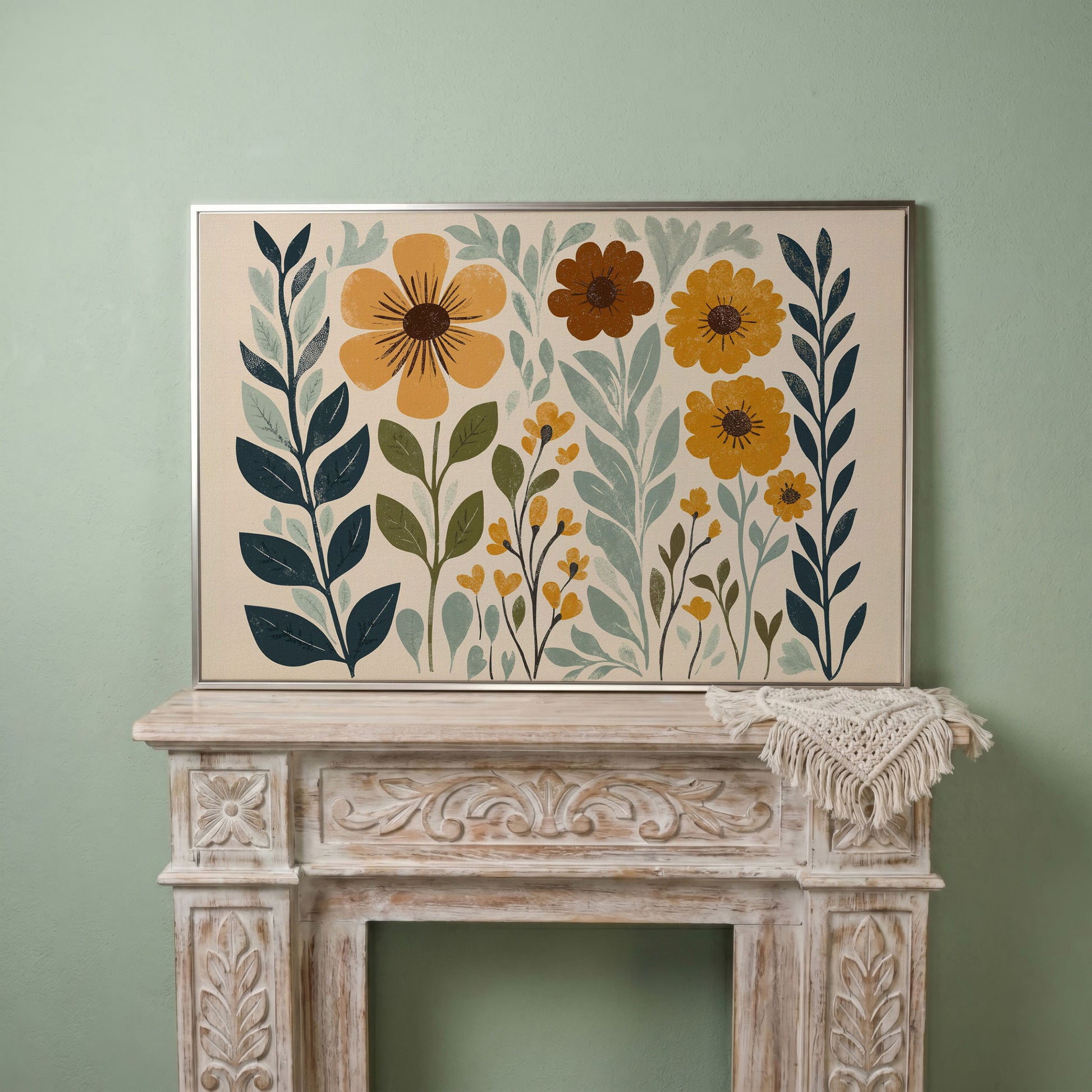 Boho Floral Elegance Canvas Print in Mustard and Slate in silver floating frame