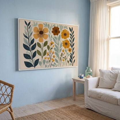 Boho Floral Elegance Canvas Print in Mustard and Slate in white floating frame