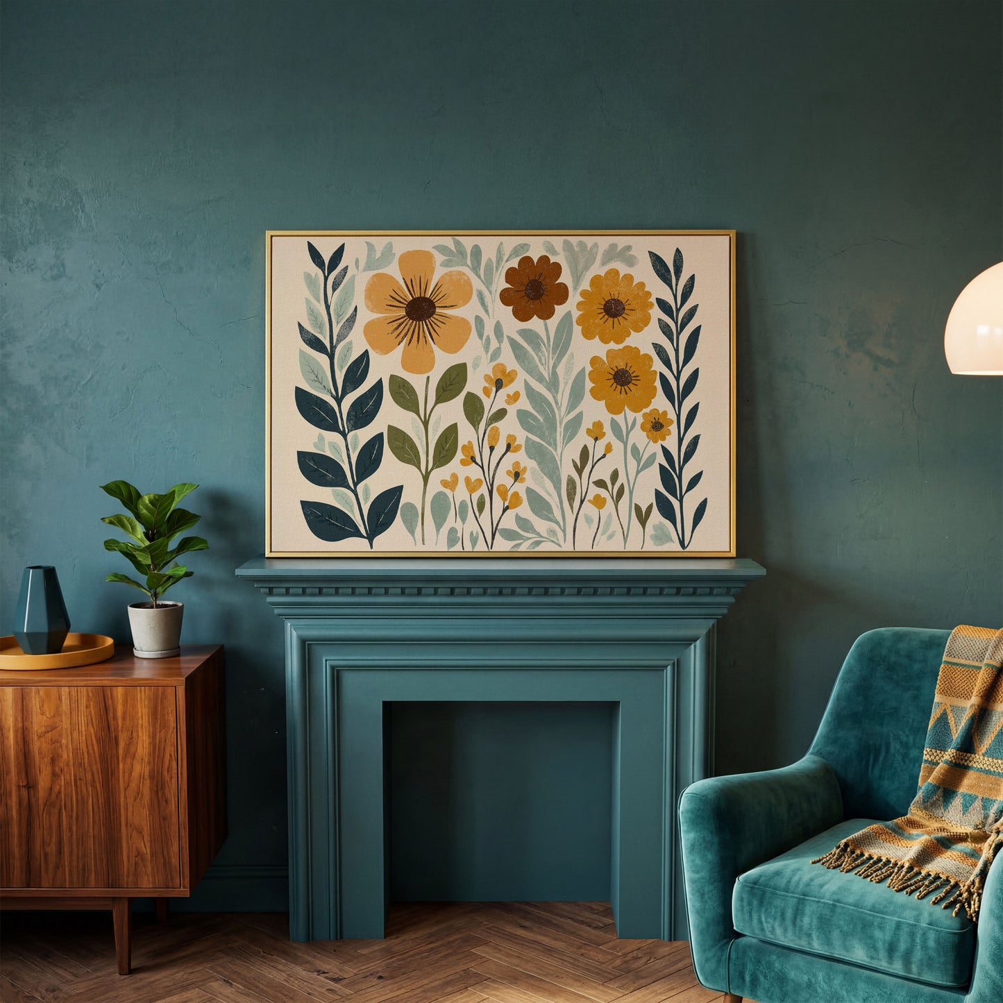 Boho Floral Elegance Canvas Print in Mustard and Slate in yellow gold floating frame