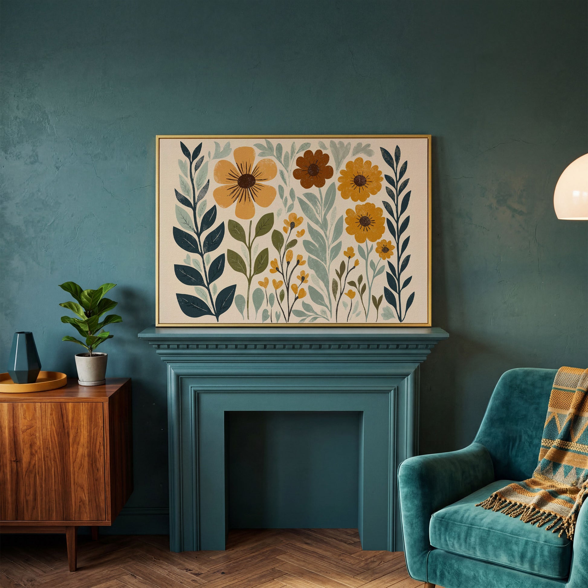 Boho Floral Elegance Canvas Print in Mustard and Slate in yellow gold floating frame