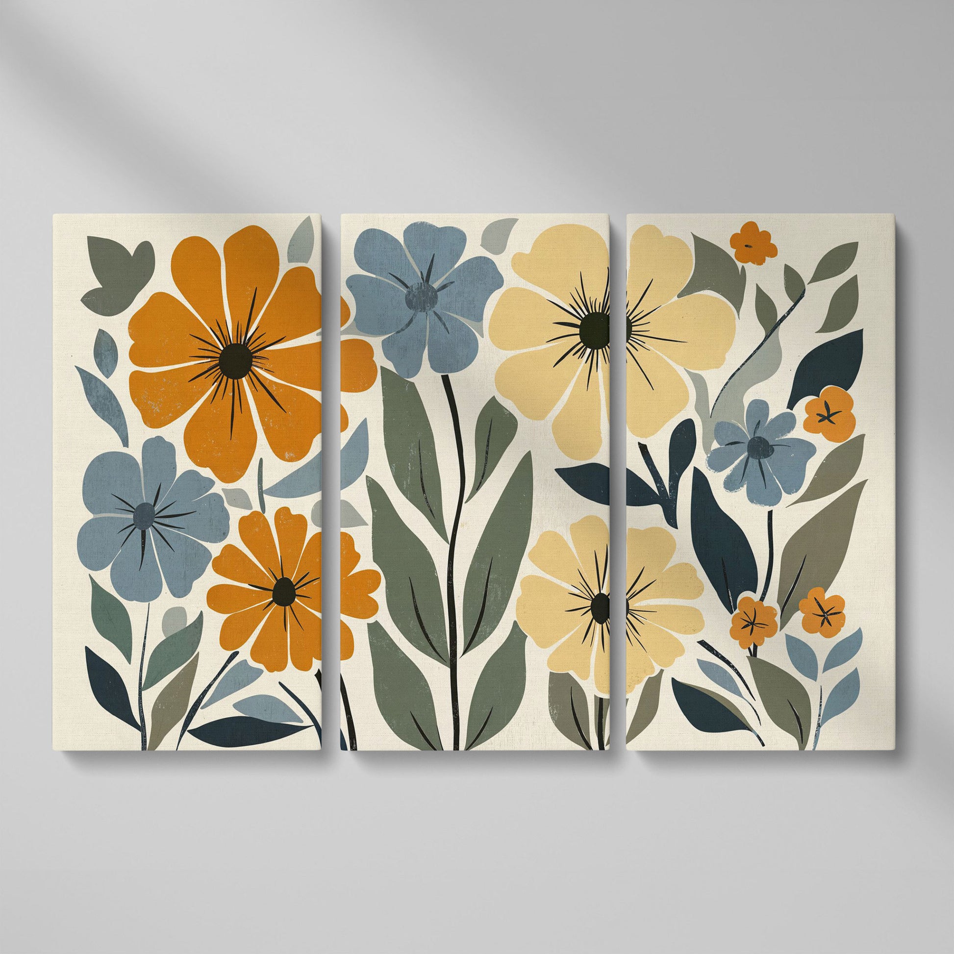 Vintage Floral Canvas in Mustard and Dusty Blue as 3-panel split version