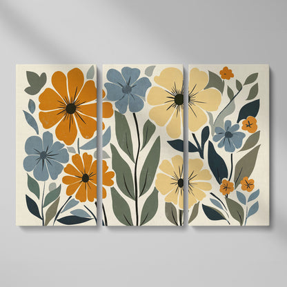 Vintage Floral Canvas in Mustard and Dusty Blue as 3-panel split version