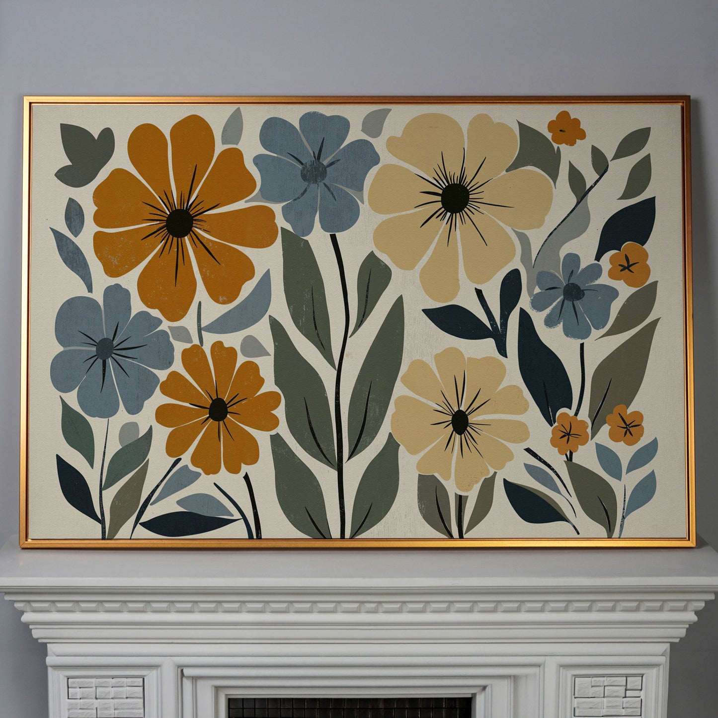 Vintage Floral Canvas in Mustard and Dusty Blue in antique gold floating frame