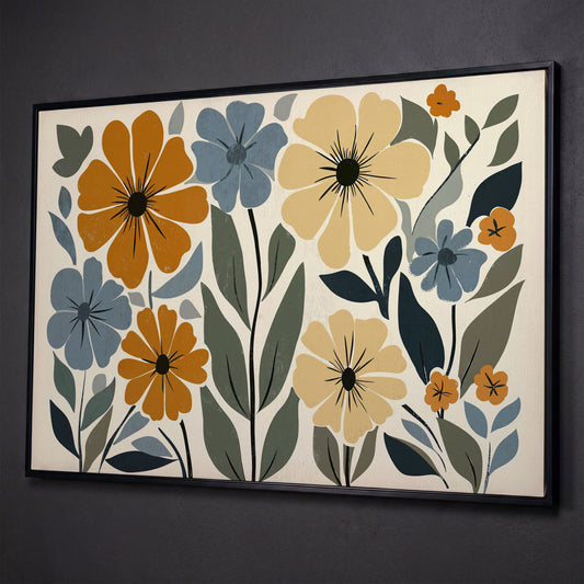 Vintage Floral Canvas in Mustard and Dusty Blue shown in black floating frame