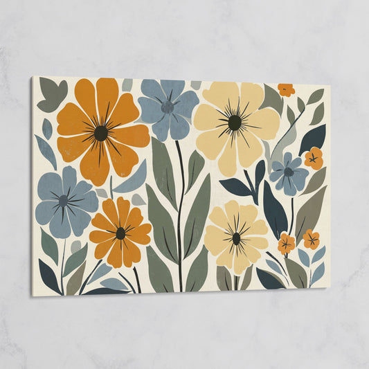 Vintage Floral Canvas in Mustard and Dusty Blue on gallery wrap