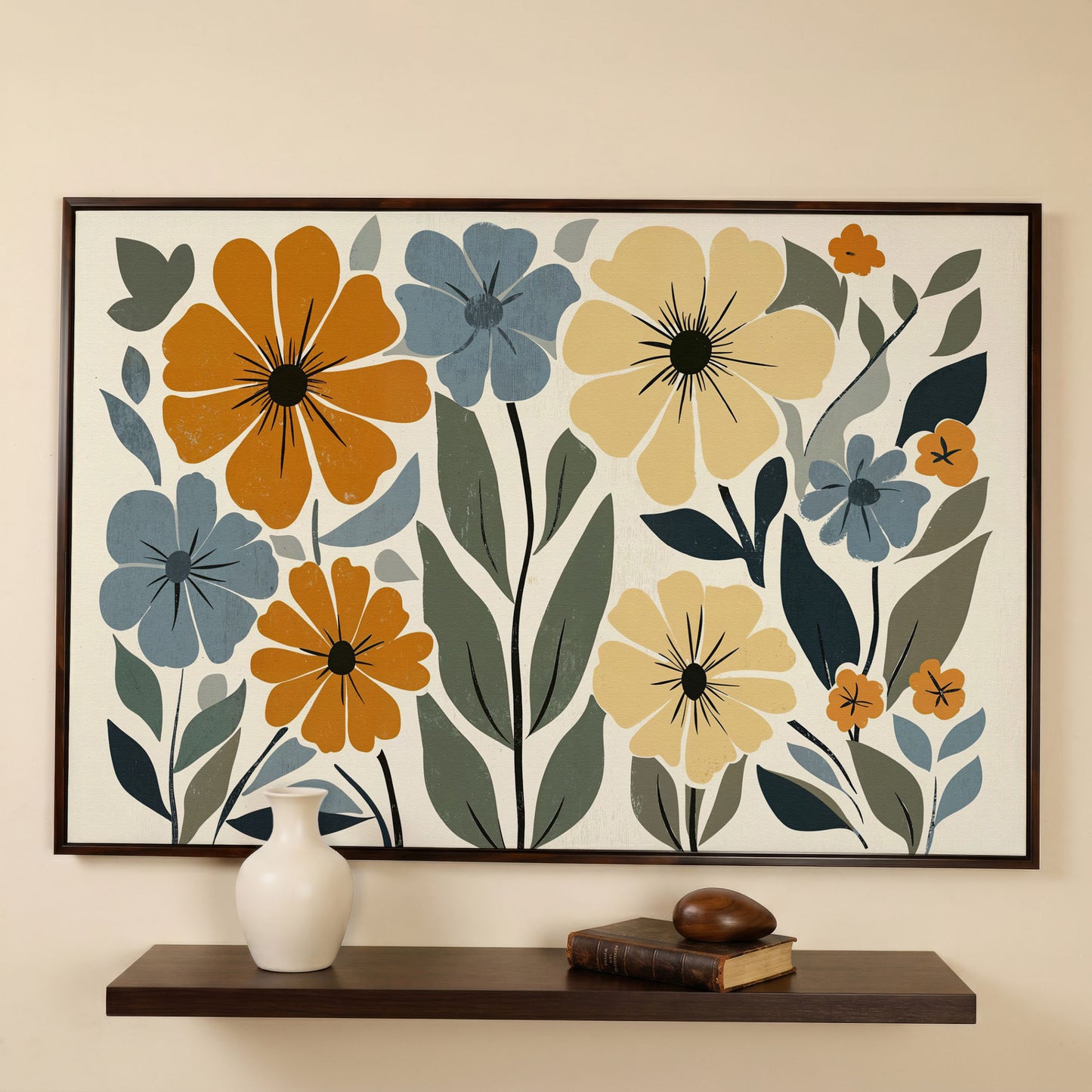 Vintage Floral Canvas in Mustard and Dusty Blue in dark walnut floating frame