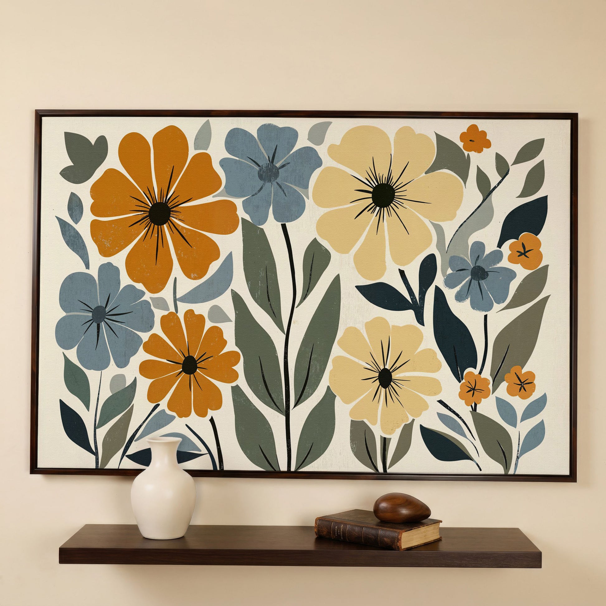 Vintage Floral Canvas in Mustard and Dusty Blue in dark walnut floating frame