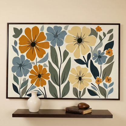 Vintage Floral Canvas in Mustard and Dusty Blue in dark walnut floating frame