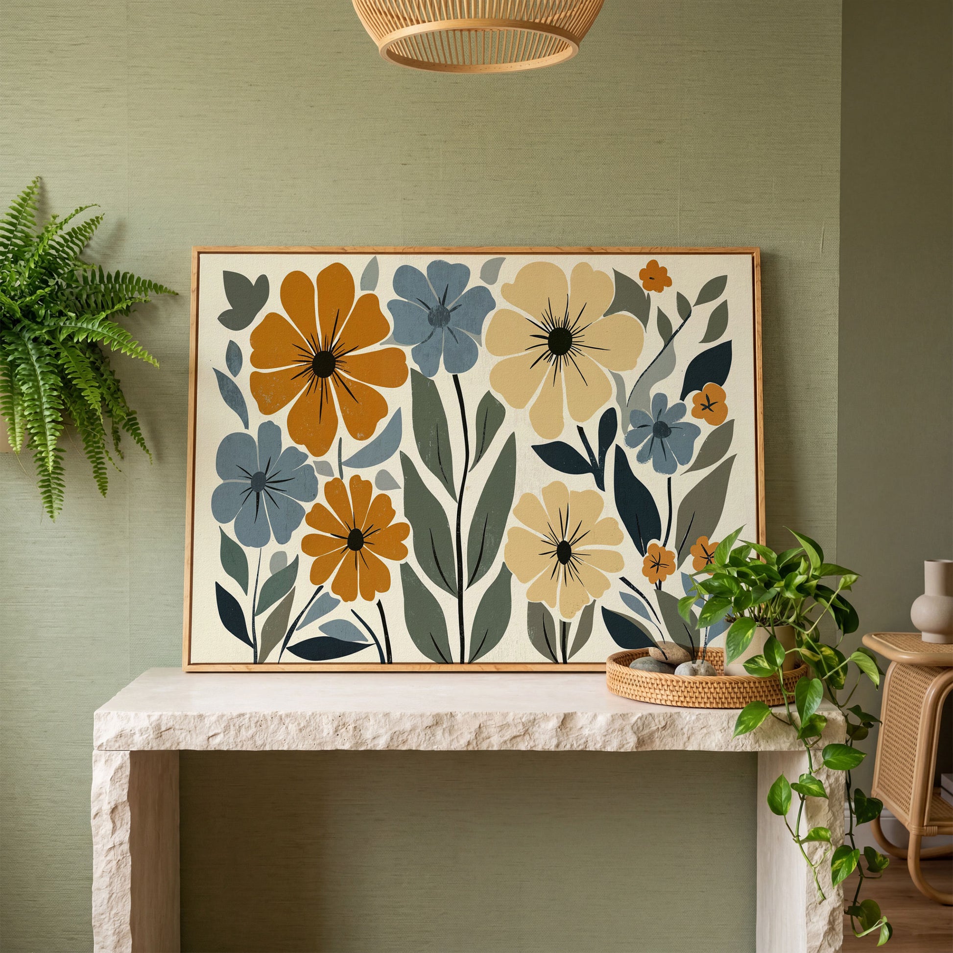 Vintage Floral Canvas in Mustard and Dusty Blue in white oak floating frame
