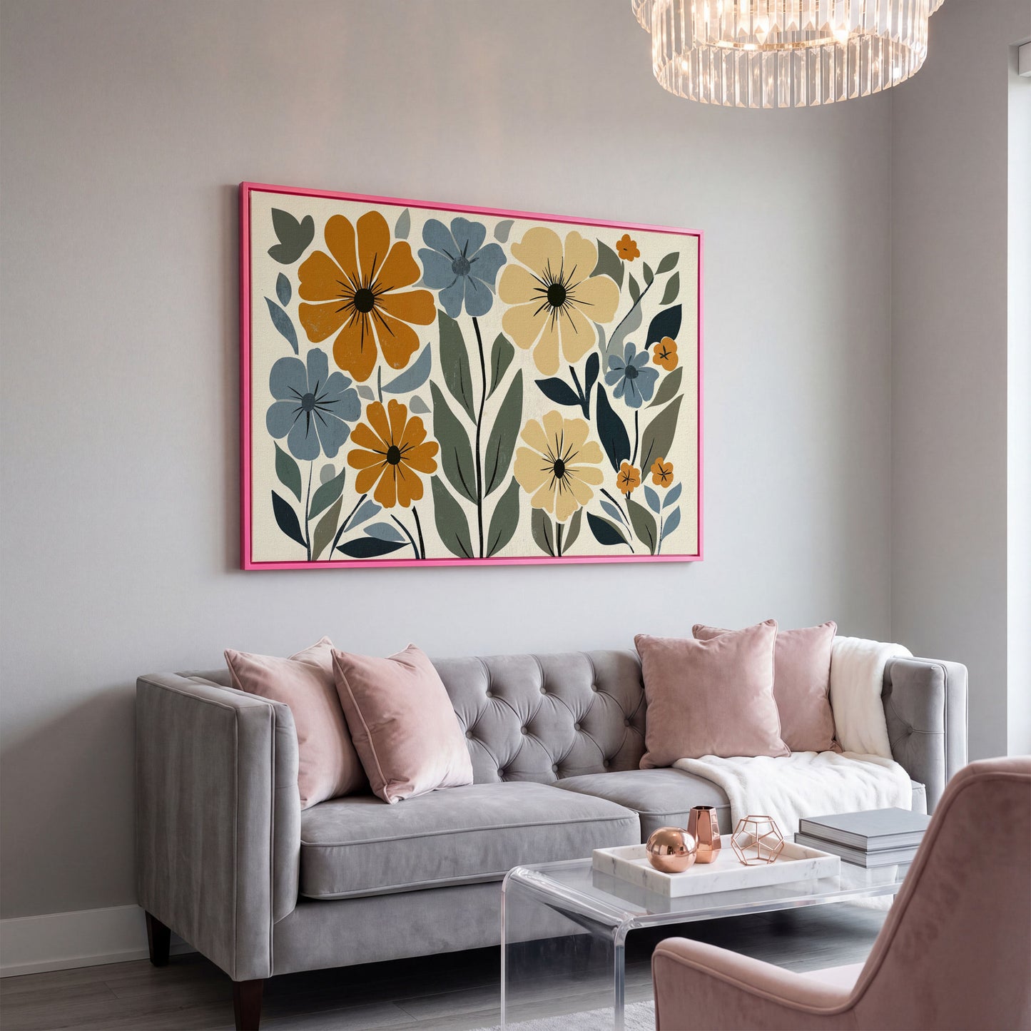 Vintage Floral Canvas in Mustard and Dusty Blue in pink floating frame