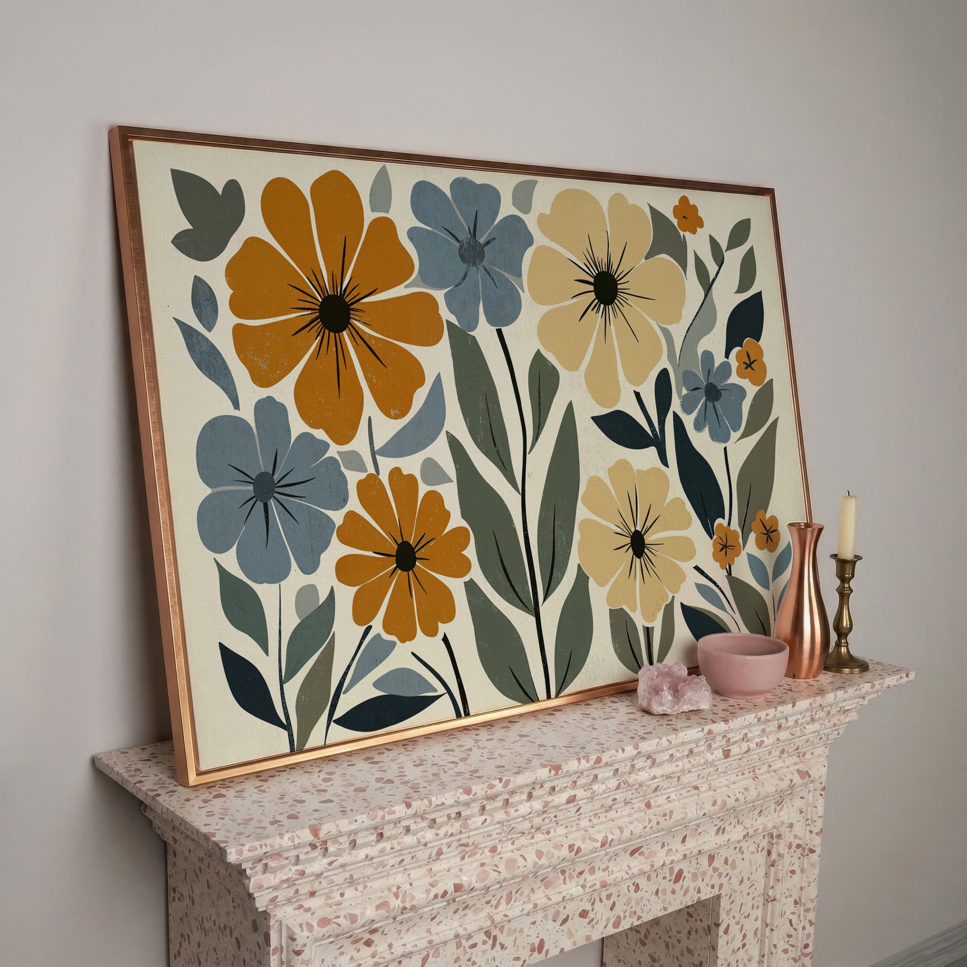 Vintage Floral Canvas in Mustard and Dusty Blue in rose gold floating frame