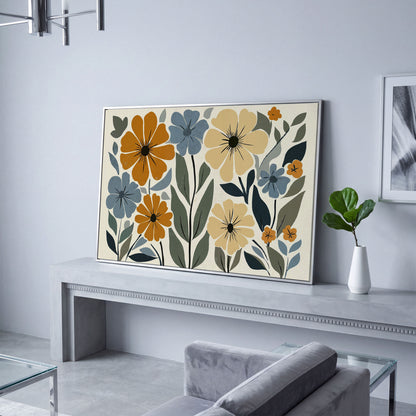 Vintage Floral Canvas in Mustard and Dusty Blue in silver floating frame