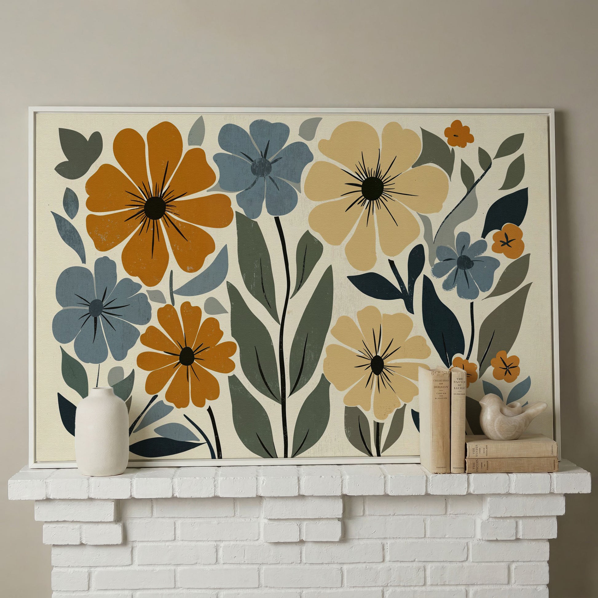 Vintage Floral Canvas in Mustard and Dusty Blue in white floating frame