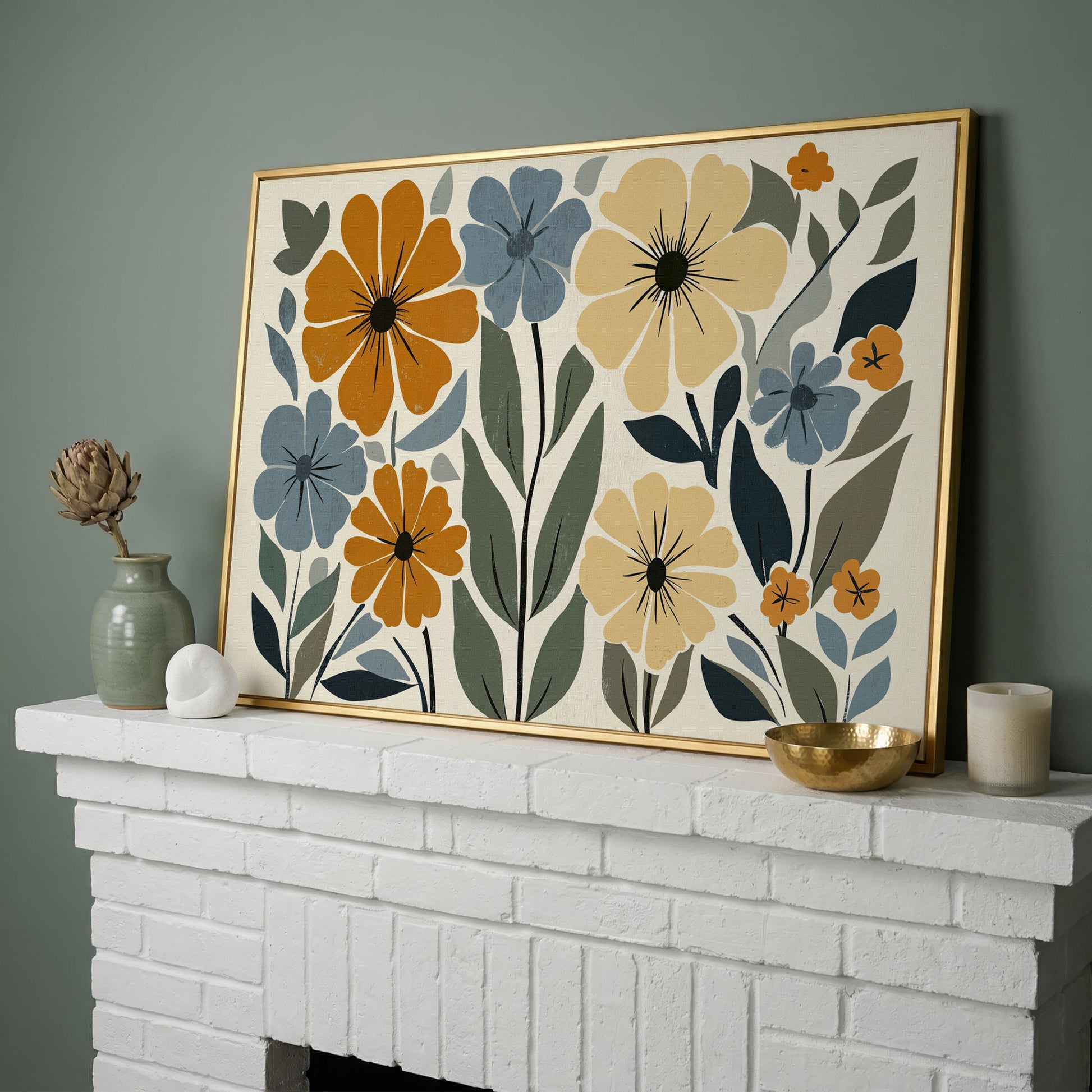 Vintage Floral Canvas in Mustard and Dusty Blue in yellow gold floating frame