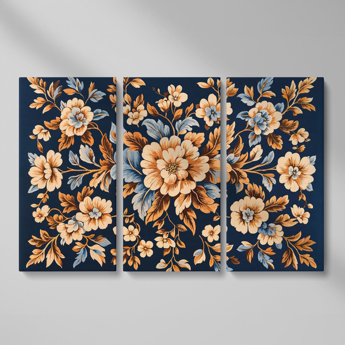 Dark Navy Vintage Floral Canvas for Bedrooms as 3-panel split version