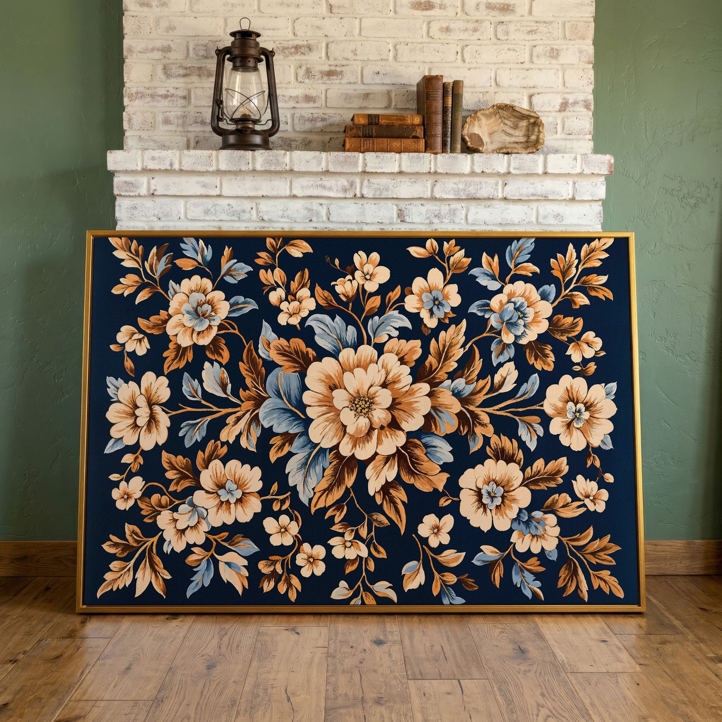 Dark Navy Vintage Floral Canvas for Bedrooms in antique gold floating frame