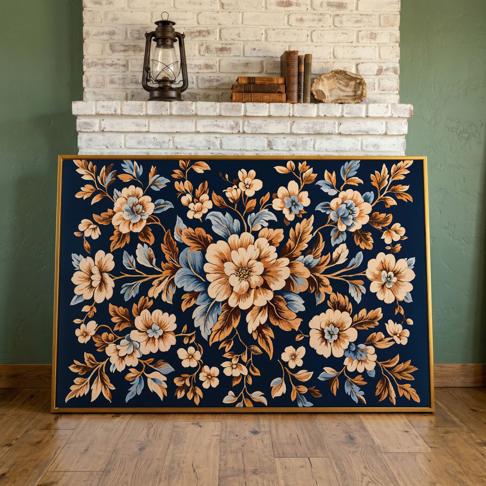 Dark Navy Vintage Floral Canvas for Bedrooms in antique gold floating frame