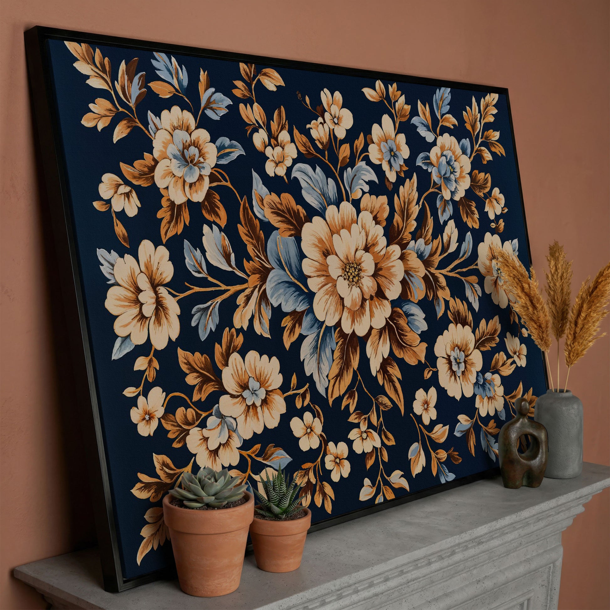 Dark Navy Vintage Floral Canvas for Bedrooms in black floating frame