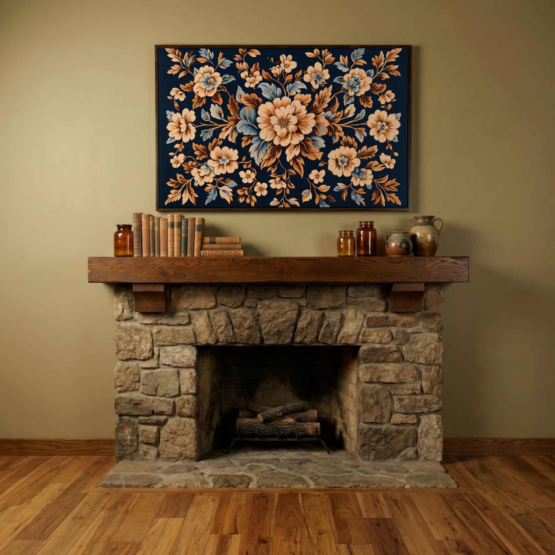 Dark Navy Vintage Floral Canvas for Bedrooms in dark walnut floating frame