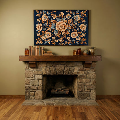 Dark Navy Vintage Floral Canvas for Bedrooms in dark walnut floating frame