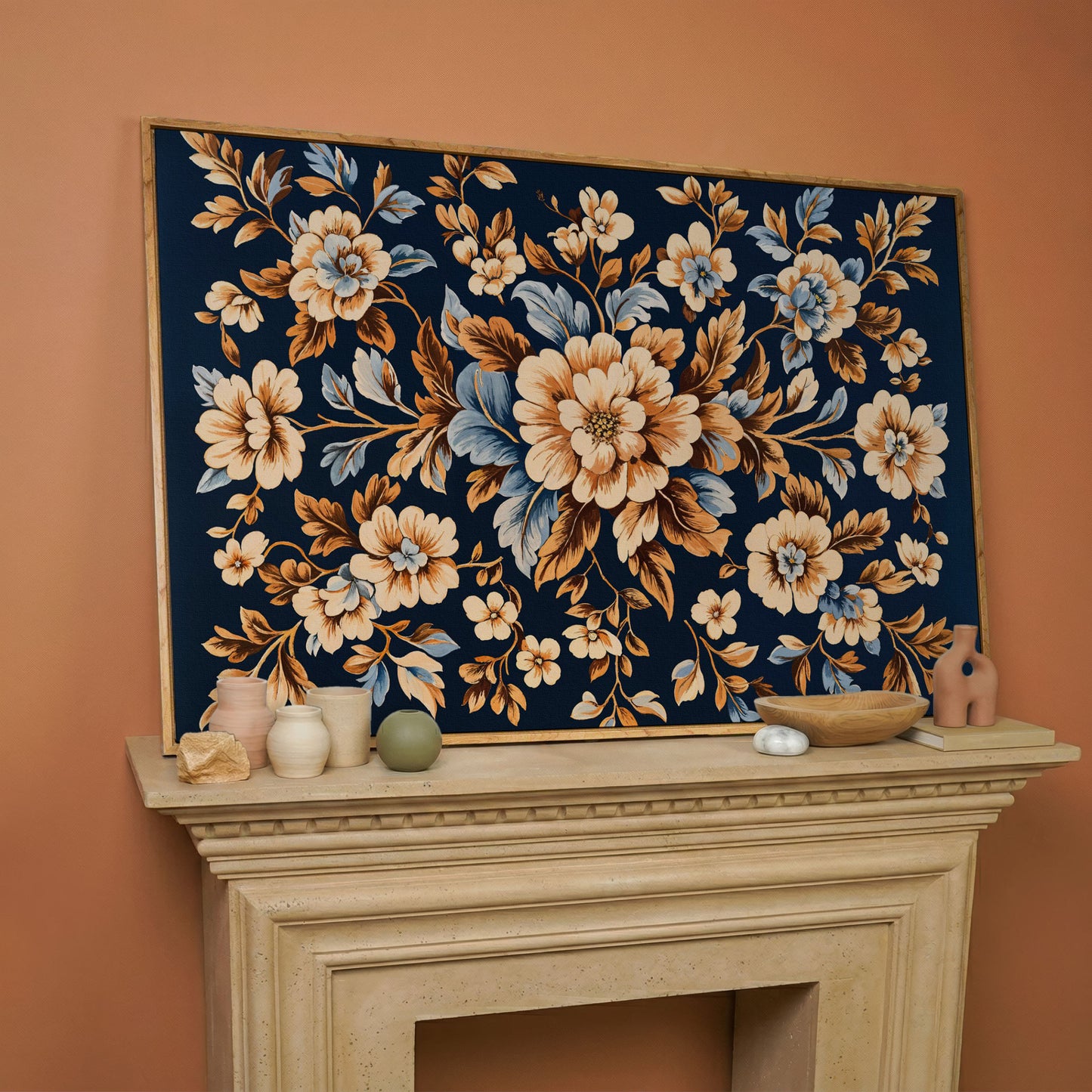 Dark Navy Vintage Floral Canvas for Bedrooms in white oak floating frame