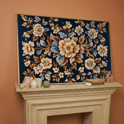 Dark Navy Vintage Floral Canvas for Bedrooms in white oak floating frame