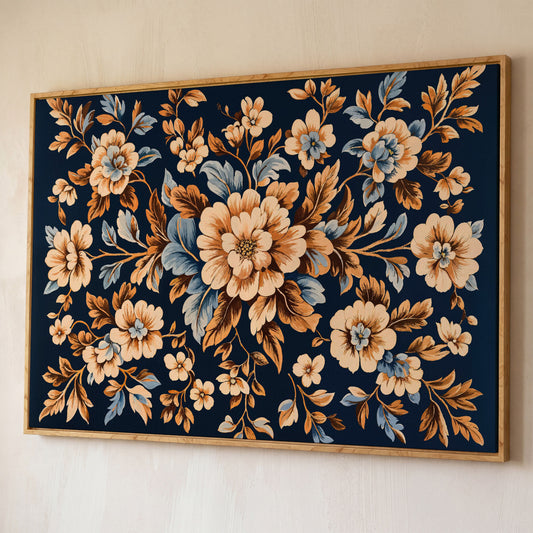 Dark Navy Vintage Floral Canvas for Bedrooms shown in white oak floating frame