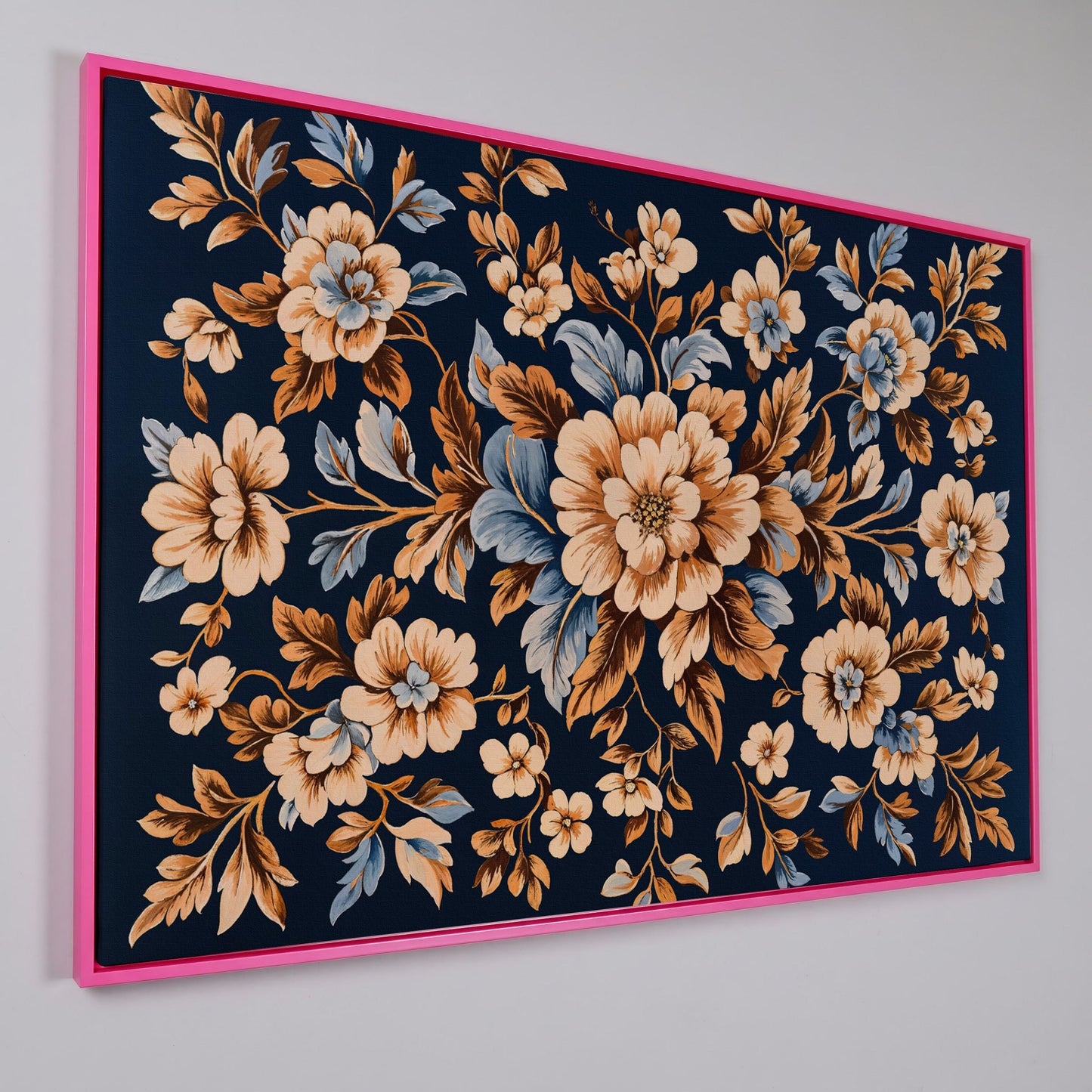 Dark Navy Vintage Floral Canvas for Bedrooms in pink floating frame